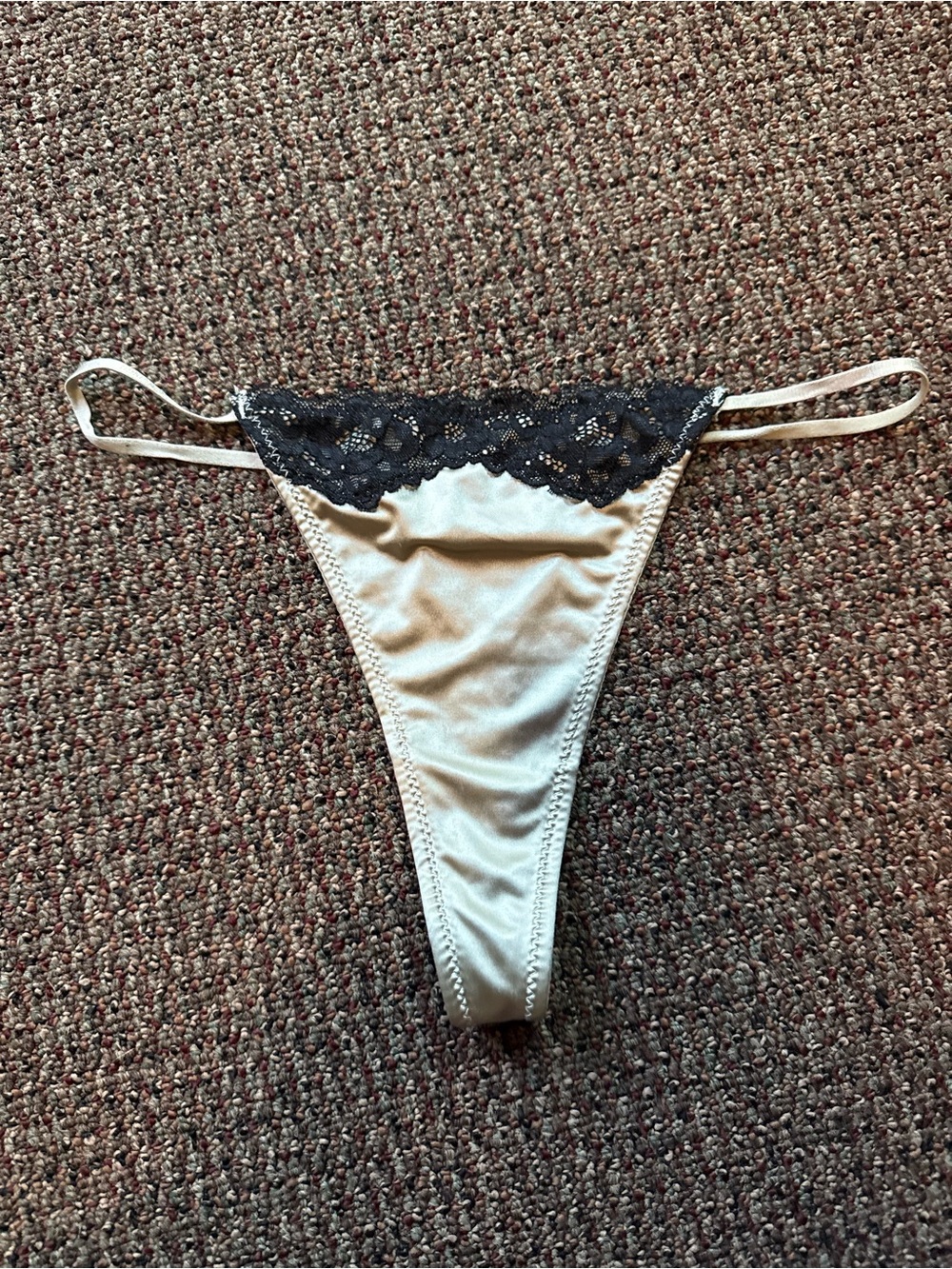 Lace Trim Satin Thong Panty - Ivory with Black Lace